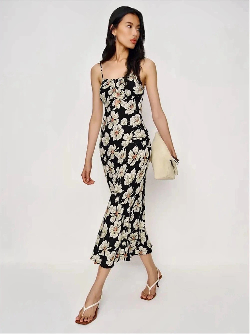 New Reformation Besse Dress Floral Midi Black & White